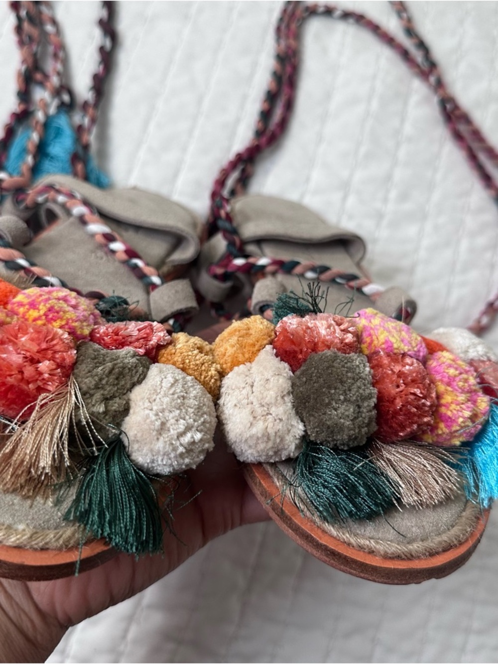 NWOB Free People Multicolor Pom-Pom Wrap Lace-Up Sandals - Picture 12 of 13